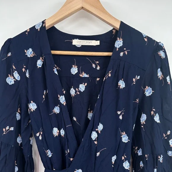 Christy Dawn Bergen Dress Midnight Rose Navy Blue Floral Wrap Midi Long Sleeve L - Picture 4 of 7
